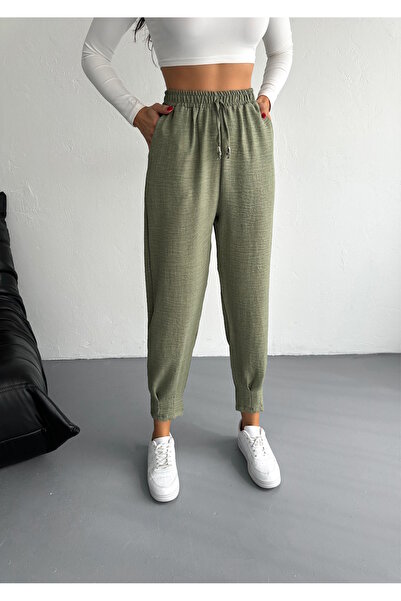 YUSUF CAN KARATAŞ KARATAŞ GİYİM Γυναικείο Χακί Χρώμα Ελαστική Μέση Λινό Ύφασμ...