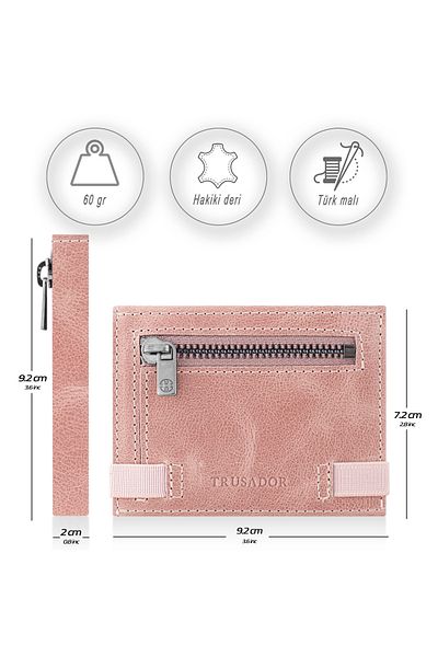 Trusador Marseille Pink Zippered Genuine Leather Wallet with Mirror Elastic Rfid Protection Men Women