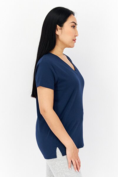 Lark Women V-Neck Short Sleeve Plain Blouse, Navy