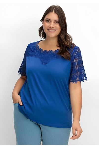 MAMAYAGA Women's Crew Neck Lace Half Sleeve Sporty Stylish Plus Size Curve Cotton Blouse