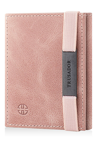Trusador Marseille Pink Zippered Genuine Leather Wallet with Mirror Elastic Rfid Protection Men Women