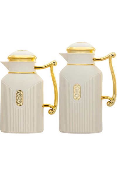 ALSAIF Deva Coffee And Tea Vaccum Flask Set In Ivory/gold / Leak-proof And Keeps Drinks Hot 1.0/0.7 Liter