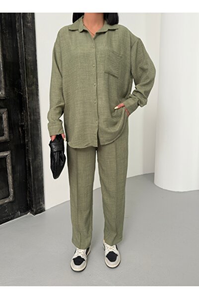 alenmoda Women's Double Linen Shirt Pants Bottom Top Set