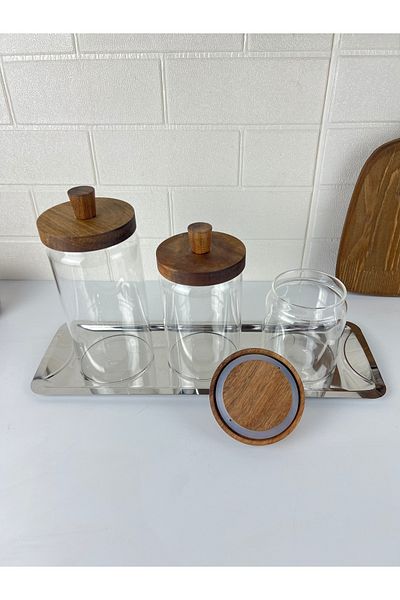 Mirilliahome Acacia Stand Glass Jar and Oil Pot Set 6 Piece Kitchen Organizer