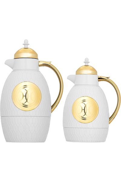 ALSAIF Coffee And Tea Vaccum Flask Set In Ivory/gold / Leak-proof And Keeps Drinks Hot 1.0/0.7 Liter