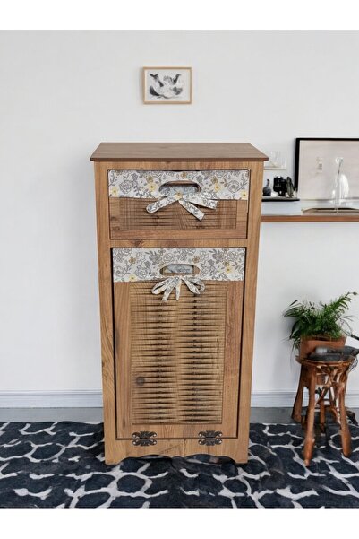 woodluck Ahşap Kirli Çamaşır Sepetli Çekmeceli Hasır Görünümlü Çok Amaçlı Dol...