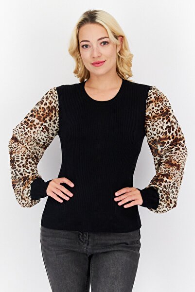 Philosophy Women Crew Neck Long Sleeves Animal Print Blouse, Black Combo