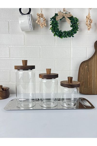 Mirilliahome Acacia Stand Glass Jar and Oil Pot Set 6 Piece Kitchen Organizer