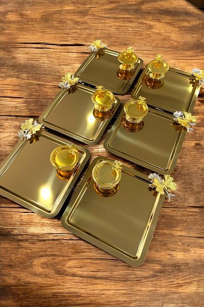 Mirilliahome Square Stainless Steel 6-Piece Gold Butterfly Detailed Coffee, Tea, Decorative Presentation Serving Engagement Tray