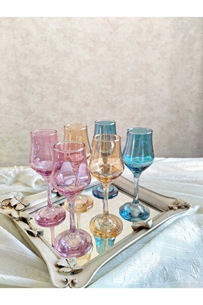 P H Panayır Home Colorful 135ml Water and Coffee Glass Set with Glass Goblet and for Presentation