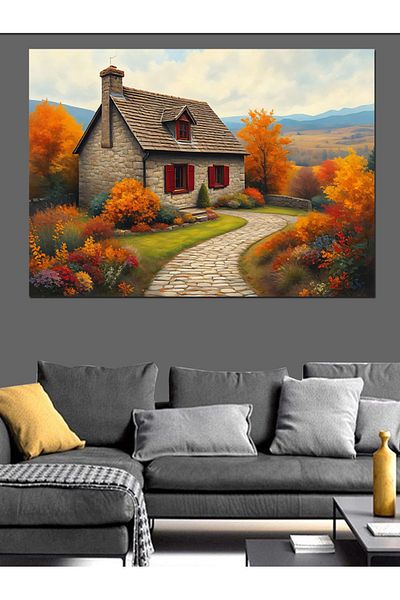 Tablomega Country House Path Decorative Canvas in Autumn - Mdf Wooden Painting