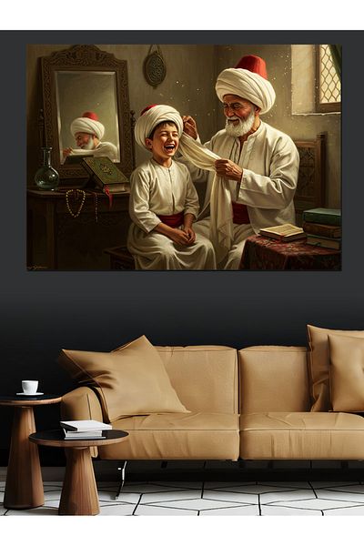 Tablomega Grandfather and Grandson in Ottoman Decorative Canvas - Mdf Wooden Painting