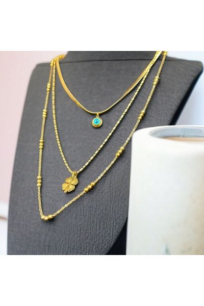 Meyra Accessories Triple Steel Necklace - Clover Evil Eye Bead, Anti-Tarnish, Stylish Designed Lover Gift