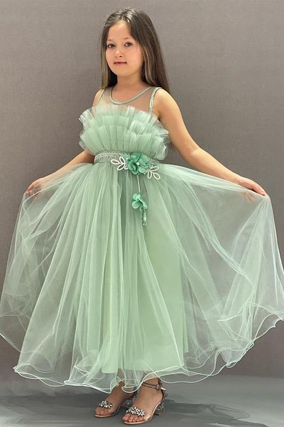 happyTekstil Girl's Robe Tiered Special Occasion Evening Dress - Green