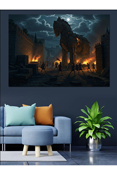 KanvasSepeti Calul Troian așteaptă în ușă Pictură în ulei Texturată Pânză de înaltă calitate Pictură pe pânză 140 x 70 cm