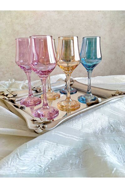 P H Panayır Home Colorful 135ml Water and Coffee Glass Set with Glass Goblet and for Presentation