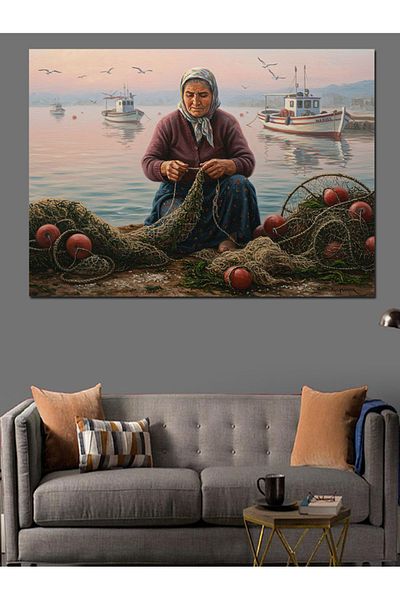 Tablomega Fisherman Woman and Nets Decorative Canvas - Mdf Wooden Painting