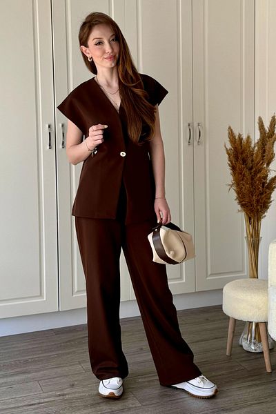 Dilay Gökoğlu Butik Brown Gold Buttoned Vest Palazzo Suit