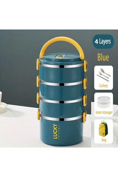 AYB Lucky 4 Layer Stainless Navy Blue Steel Food Container Thermos Carrying Bag and Fork Spoon Set