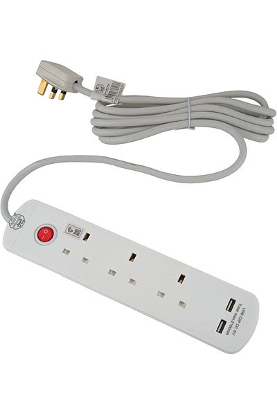 ALSAIF مقبس تمديد كهربائي 3 فتحات بطول 3 أمتار، منفذي USB، 2990 واط، أبيض