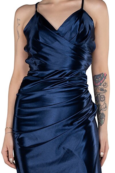 Arden Short Evening Dress, Satin Strap Draped Bodycon, Fit Back Cut-Out Midi Cocktail, Homecoming Dress, 36-40