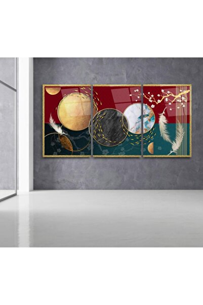 TAULART 3 LÜ HARİKA RENK UYUMU KIRMIZI GOLD TEMALI MODERN TASARIM KIRILMAZ CAM TABLO LÜKS TABLO EV HEDİYESİ