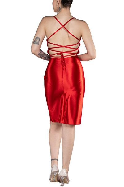 Arden Short Evening Dress, Satin Strap Draped Bodycon, Fit Back Cut-Out Midi Cocktail, Homecoming Dress, 36-40