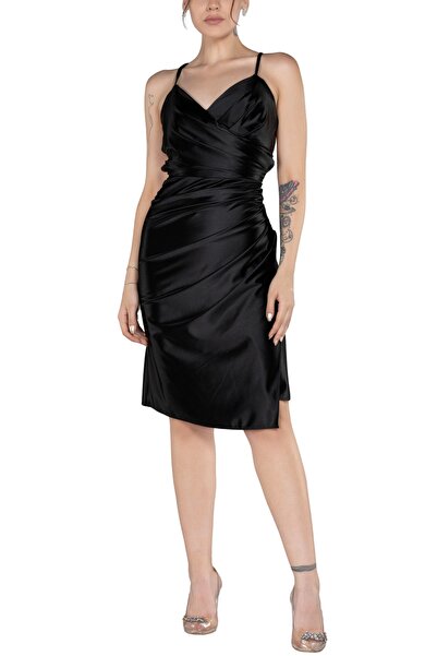 Arden Short Evening Dress, Satin Strap Draped Bodycon, Fit Back Cut-Out Midi Cocktail, Homecoming Dress, 36-40
