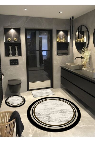 Ardizayn سجادة حمام دائرية جميلة - من الجلد الصناعي الكريمي غير القابل للانزلاق (100×100-60×60-40×60 سم، مجموعة من 3 قطع)