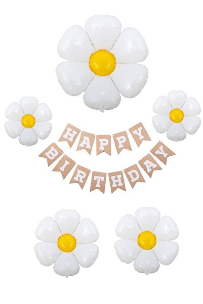 Patladı Gitti Happy Birthday Banner ve 5 Li Papatya Folyo Balon Seti Parti Ku...