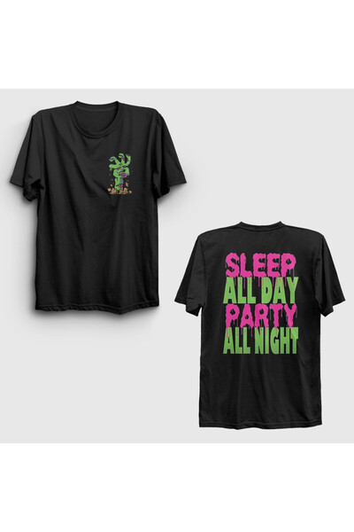 Presmono Unisex crna majica za spavanje ceo dan, zabava celu noć, leđa Štampa...
