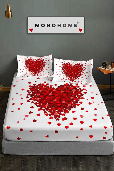 MonoHome Heart Fitted Sheet 100% Cotton Oeko-Tex Certified 3D Digital 60 Wire