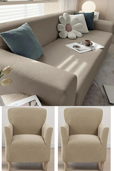 Hacer 3+3+1+1 Likrali Kare Desen Esnek Yikanabilir Koltuk Örtüsü Takımı