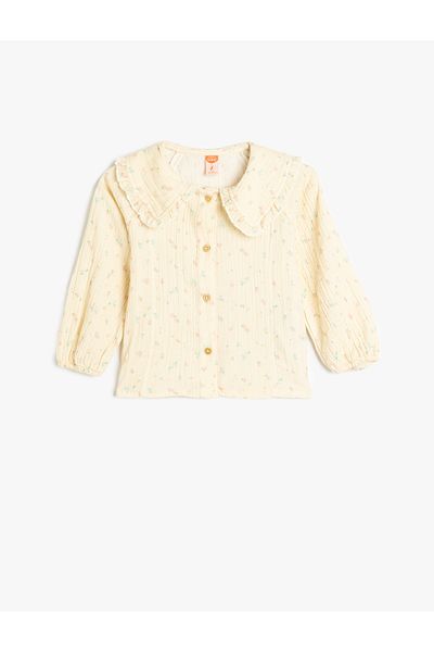 Koton Cotton floral ruffled long sleeve peter pan neck shirt.