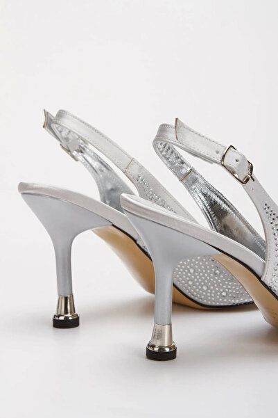 Miss Mitto Women's Silver Satin Drip Stones 8 cm Thin Galvanized Heels Comfortable Stiletto