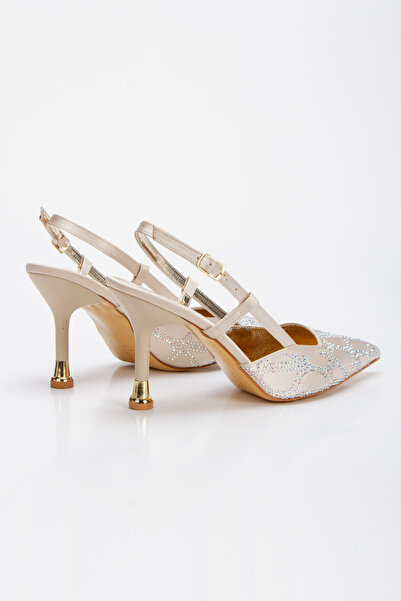 Miss Mitto Kadın Altın Saten Desenli Taşlarla Bezenmiş 8 cm İnce Galvaniz Topuklu Rahat Stiletto