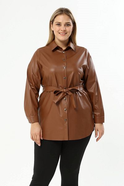 MYLİNE Faux Leather Belted Shirt Jacket