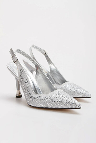 Miss Mitto Women's Silver Drop Stone Embellished 8 cm Thin Galvanized Heels Comfortable Stiletto and Bag Combination