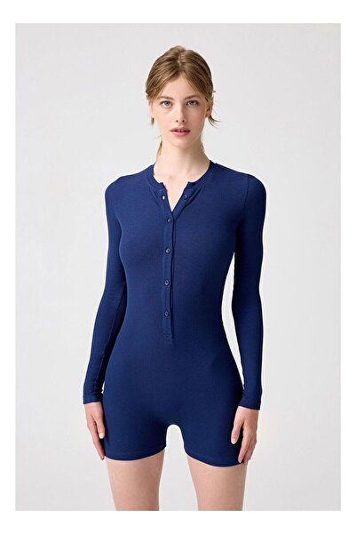 Los Ojos Navy Blue Ribbed Long Sleeve Short Jumpsuit Romper