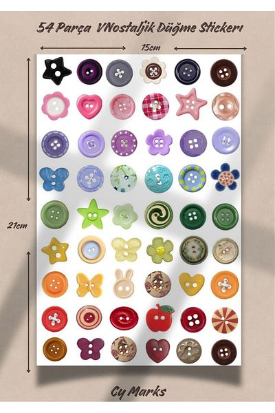 alışveriş kurdu Nostalgic Button Sticker Set 54 Pieces - Planner Agenda Tablet Phone Laptop Sticker Label