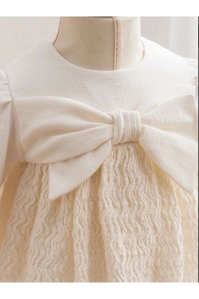 Tongs Baby Baby Girl Ecru Knit Print Dress with Bow Embellished and Long Sleeve 100% Cotton