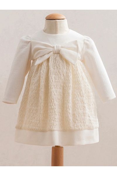 Tongs Baby Baby Girl Ecru Knit Print Dress with Bow Embellished and Long Sleeve 100% Cotton