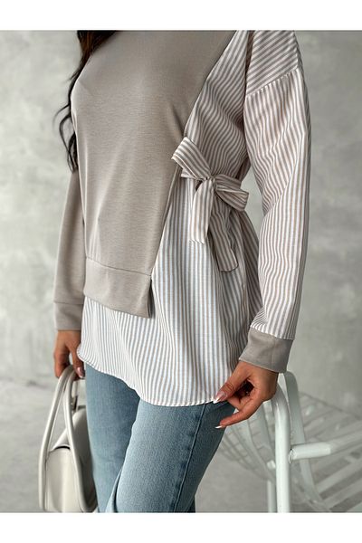 sportiness Poplin Side Tieing Detail Garneled Shirt Look Modal-Terry Cotton Fabric Sweatshirt
