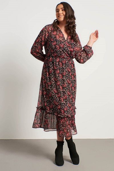 MYLİNE Wrap Chiffon Lined Ruffle Detail Dress