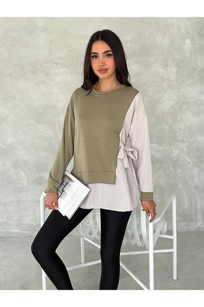 sportiness Poplin Side Tieing Detail Garneled Shirt Look Modal-Terry Cotton Fabric Sweatshirt