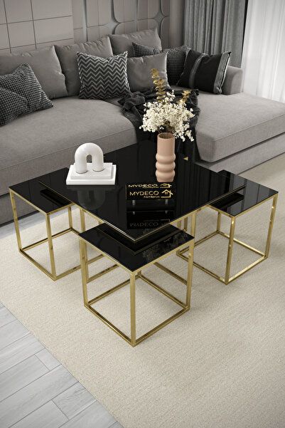 home plus mobilya Castries 5'li Gold Kaplama Siyah Aynalı Orta Sehpa & Zigon Sehpa & Yan Sehpa & Bohem Sehpa Takımı