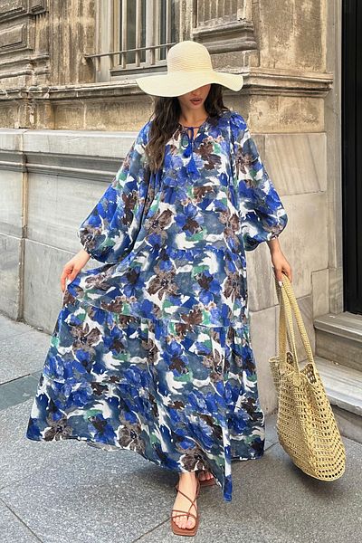 ASEDE 100% Viscose Bohemian Alaçatı Dress V-Neck Ethnic Patterned Viscose Dress Suitable for Hijab