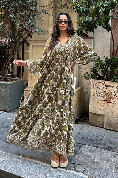 ASEDE 100% Viscose Bohemian Alaçatı Dress V-Neck Ethnic Patterned Viscose Dress Suitable for Hijab