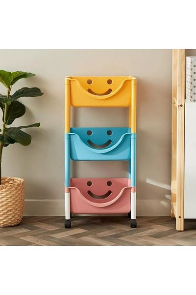 mastergold Kids Toy Storage Organizer Bins 3 Tier with Wheels Smiley Face Plastic Shelves and Baskets Storage