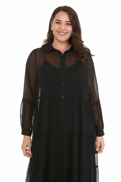 MYLİNE Astarlı Şifon Katlı Uzun Elbise